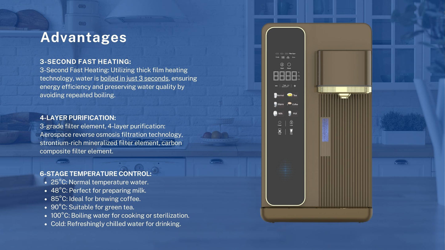 H2Grail - Countertop W25G - Pipe-Line (No Tank) 3 Stage RO Hydrogen Water Dispenser with UVC Sterilization - USA 110v