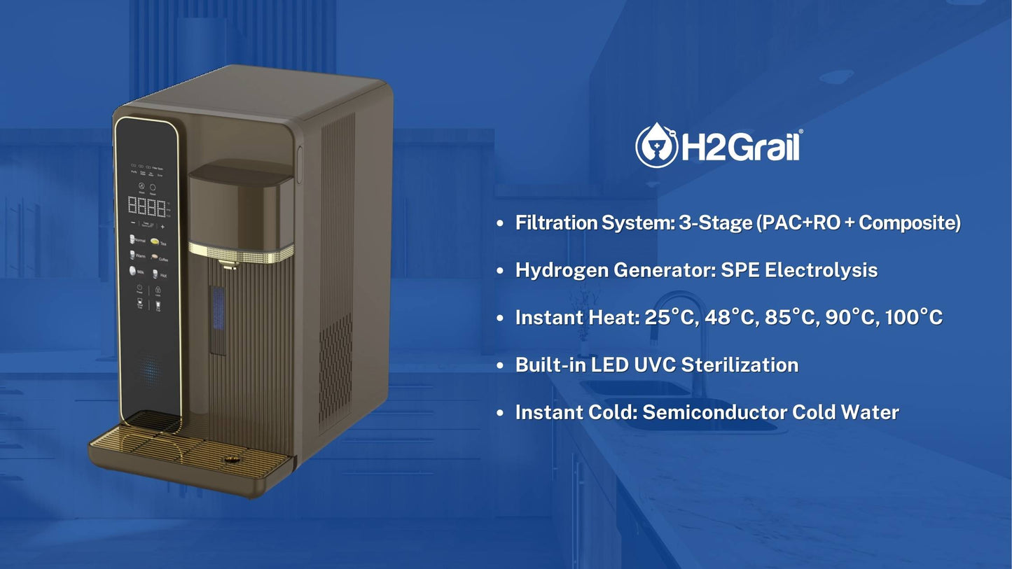 H2Grail - Countertop W25G - Pipe-Line (No Tank) 3 Stage RO Hydrogen Water Dispenser with UVC Sterilization - USA 110v