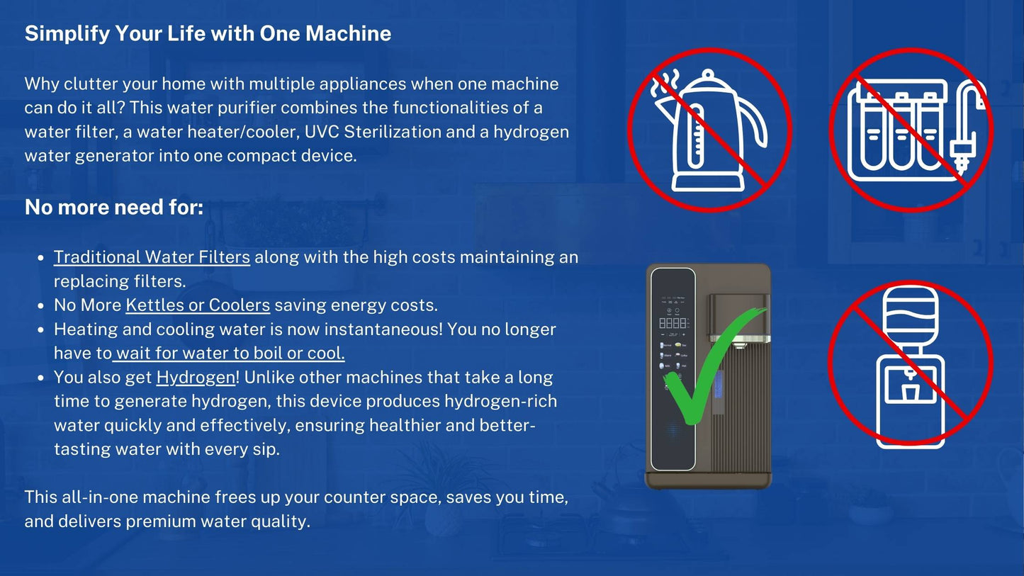 H2Grail - Countertop W25G - Pipe-Line (No Tank) 3 Stage RO Hydrogen Water Dispenser with UVC Sterilization - USA 110v