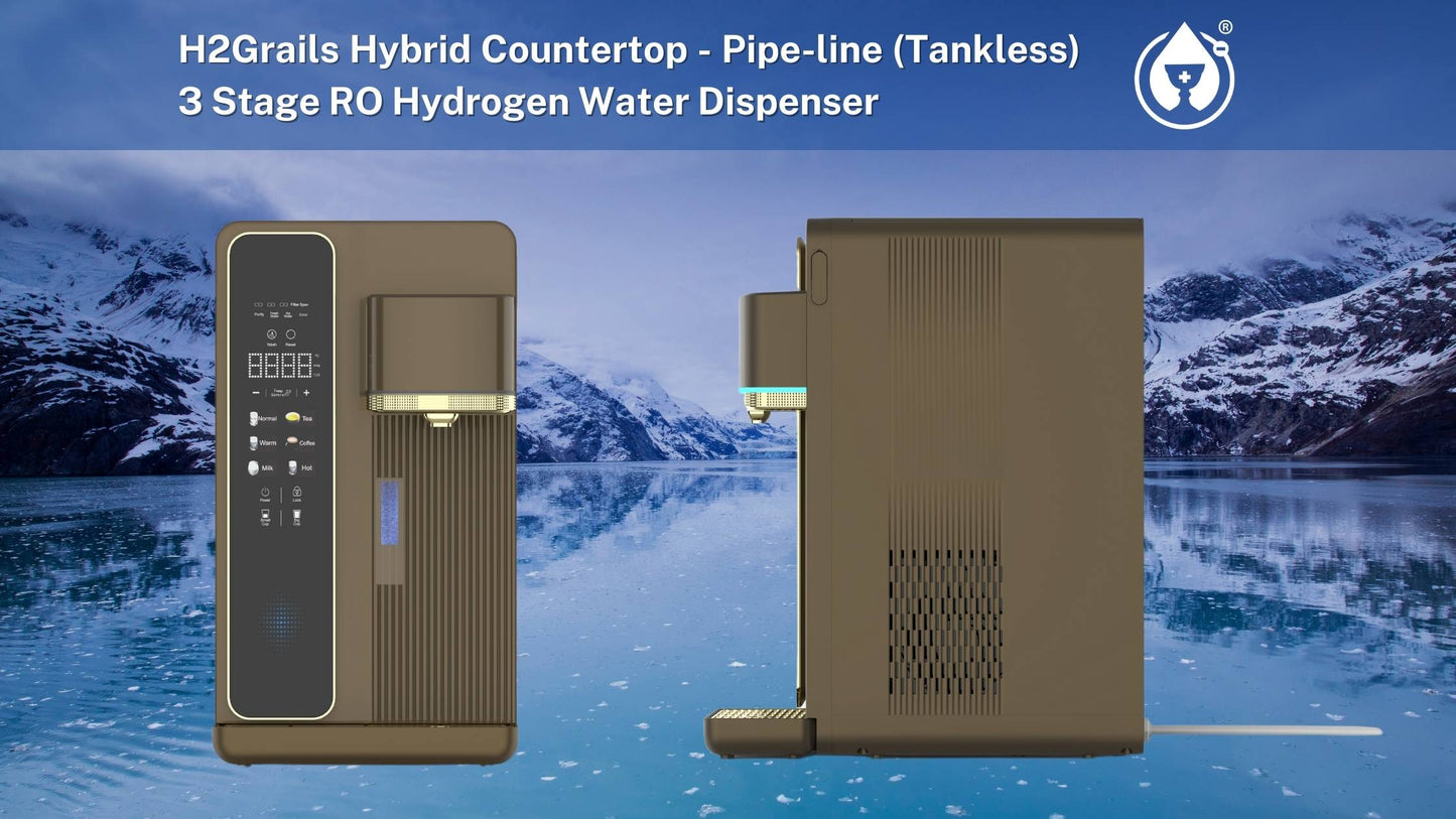 H2Grail - Countertop W25G - Pipe-Line (No Tank) 3 Stage RO Hydrogen Water Dispenser with UVC Sterilization - USA 110v