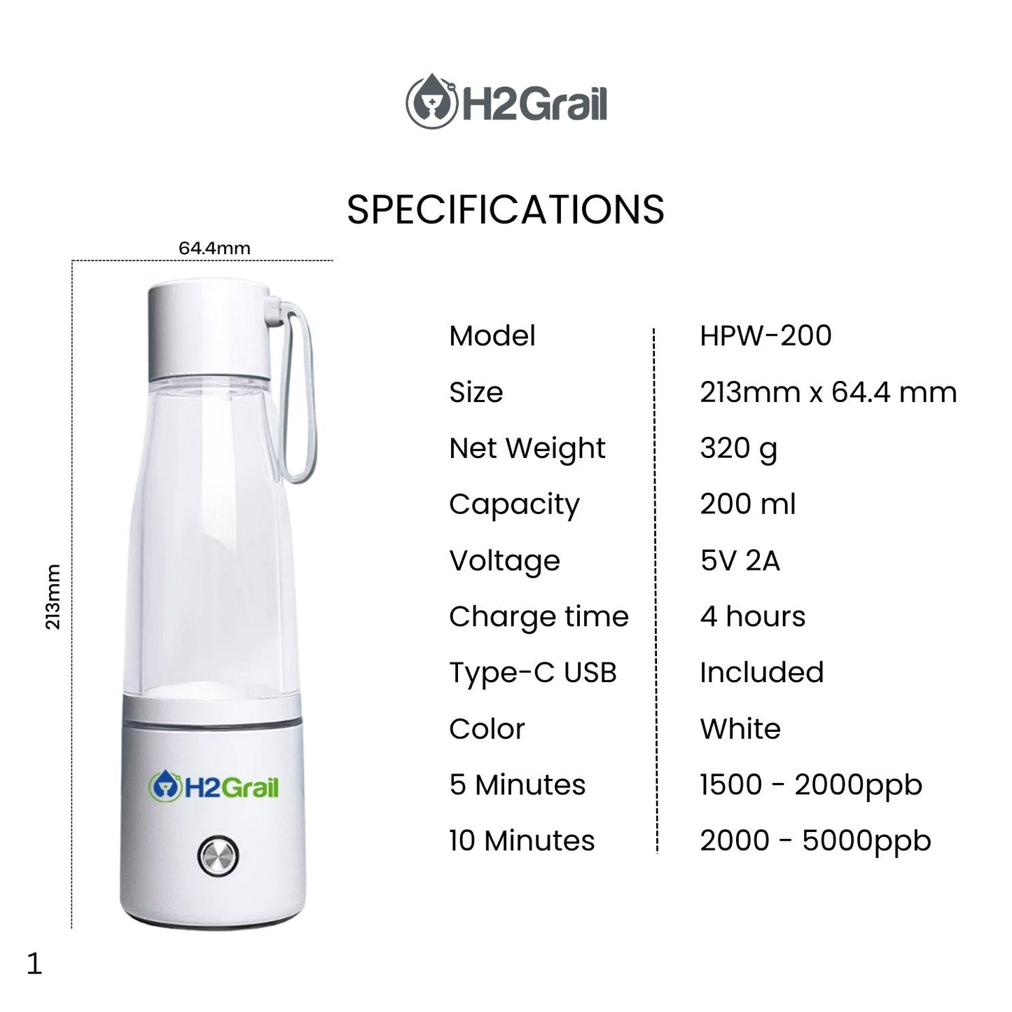 H2Grail Portable Hydrogen Water Bottle - 200ml