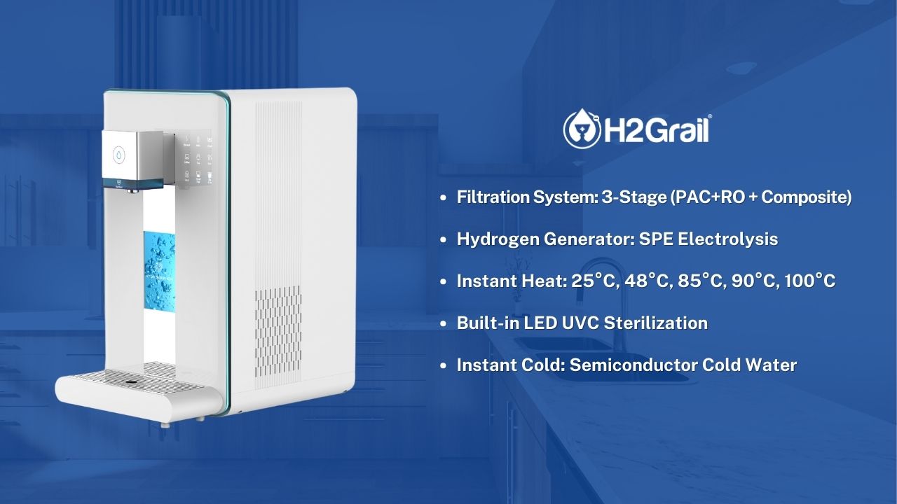 H2Grail - Countertop W19G - Pipe-Line (No Tank) 3 Stage RO Hydrogen Water Dispenser with UVC Sterilization - Europe 220v